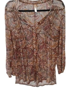 PerSeption Concept Paisley Button-Front Blouse in Brown & Cream Sheer SZ L
